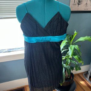 90s-00s Black Spaghetti Strap Dress with Blue Sparkle, Belt, Straps by A. Byer